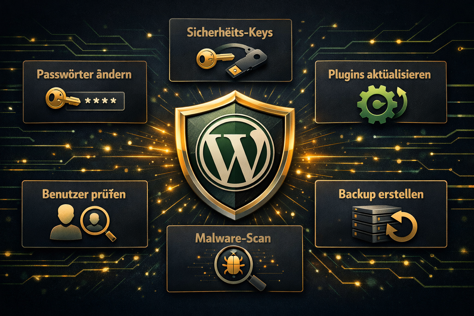() security-focused illustration showing a WordPress shield icon in center surrounded by six floating cards labeled: