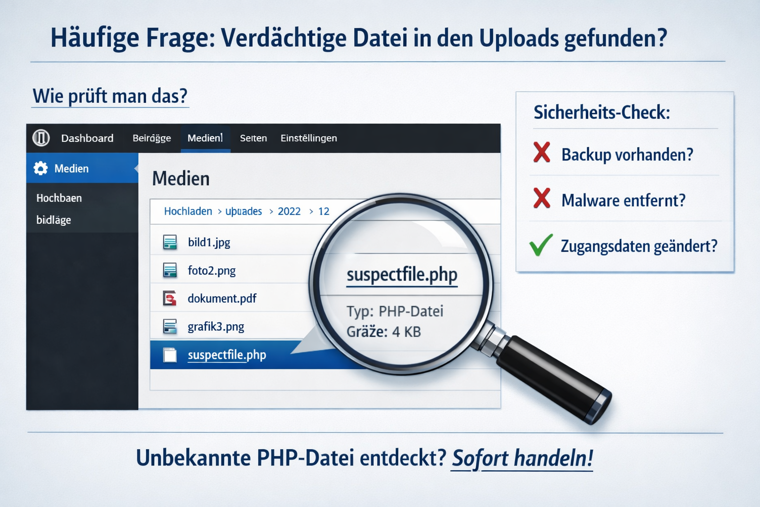 () FAQ-style visual layout showing a WordPress admin screen with a magnifying glass highlighting a suspicious PHP file in