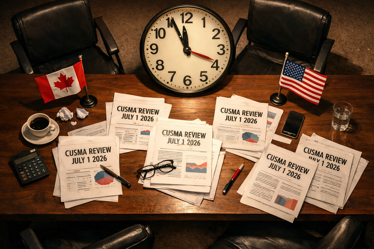 Detailed () editorial illustration showing a negotiation table viewed from above, with Canadian and American flags on