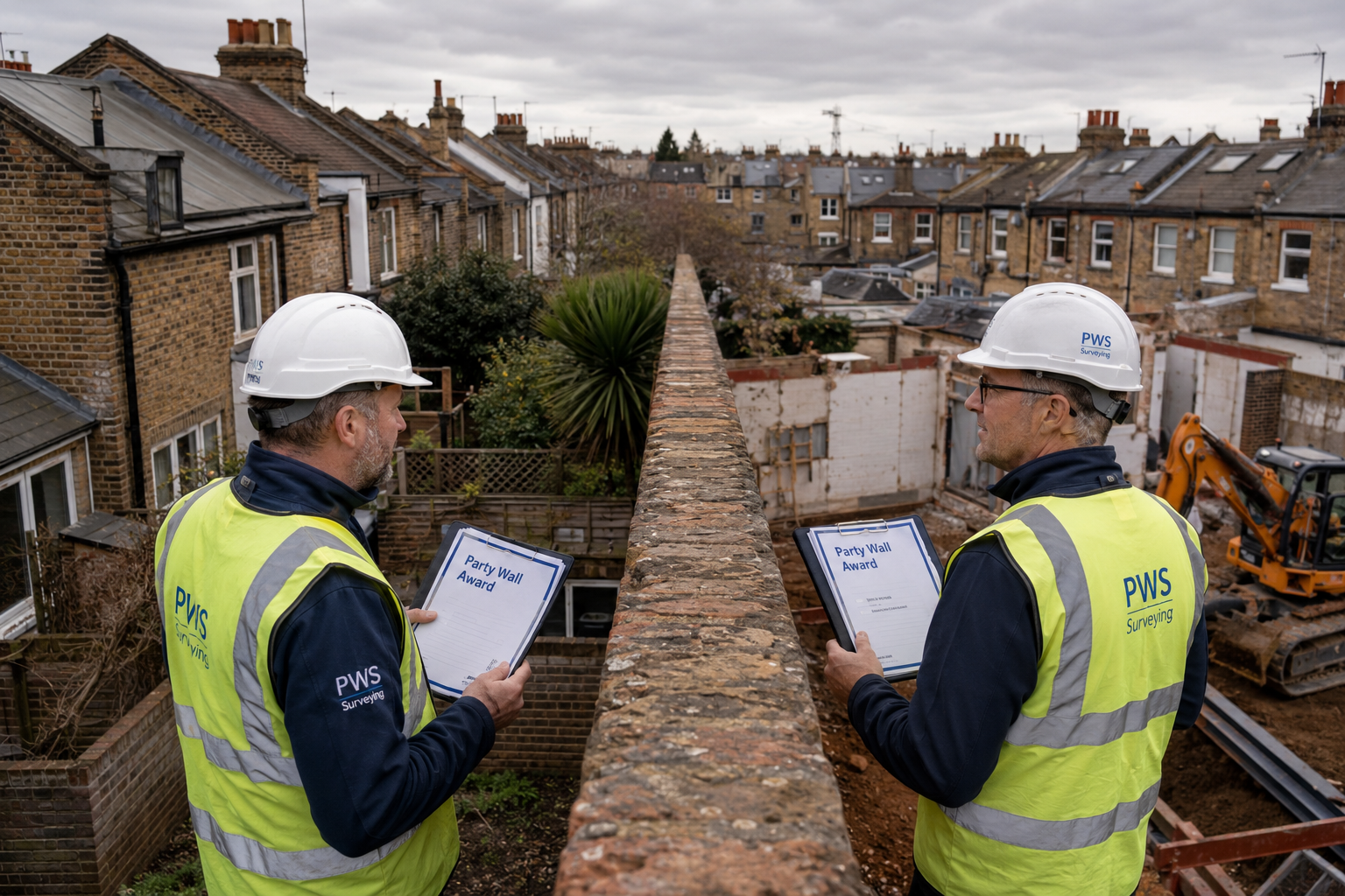 Aerial perspective () showing two professional surveyors in high-visibility vests and hard hats standing on either side of a
