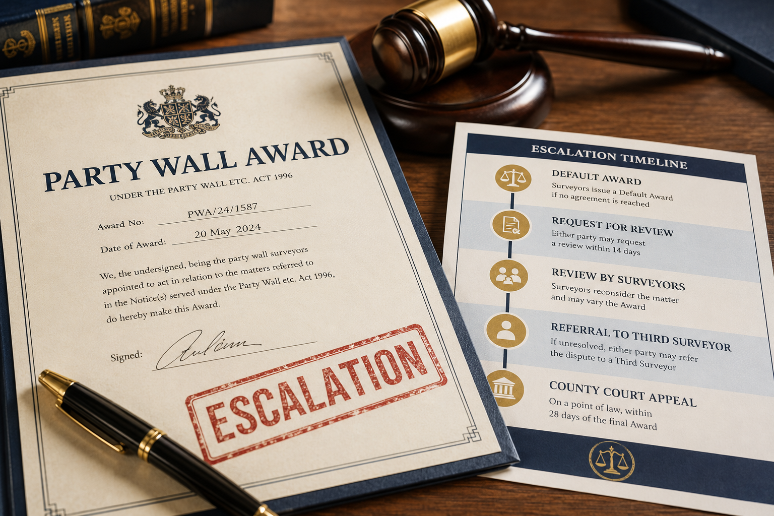 Close-up () of a formal legal document titled 'Party Wall Award' on a wooden desk, with a red 'ESCALATION' stamp partially