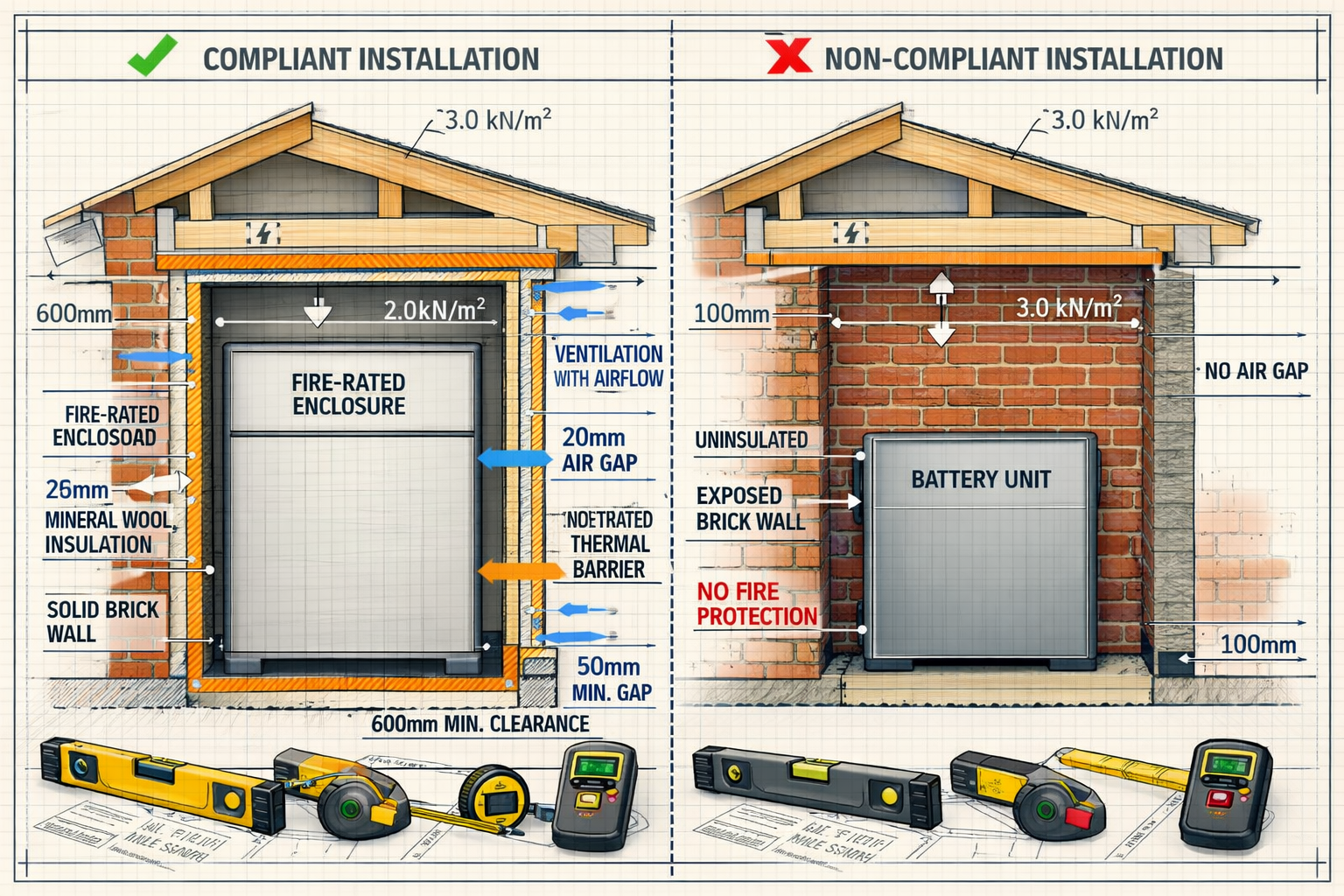 () detailed technical illustration showing cross-section of UK period property wall with battery storage unit installation.