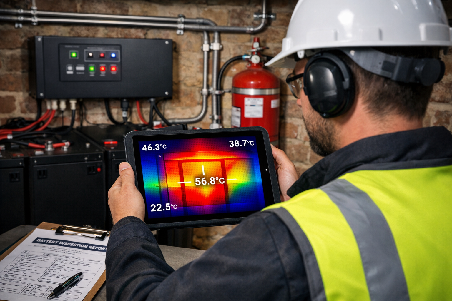 () close-up photograph of surveyor conducting thermal imaging inspection of lithium-ion battery installation in residential