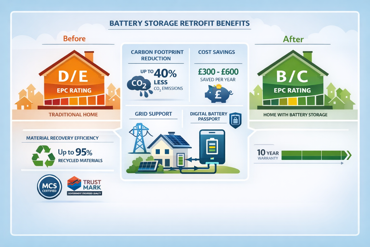 () infographic-style comparison chart showing EPC (Energy Performance Certificate) rating improvements from battery storage