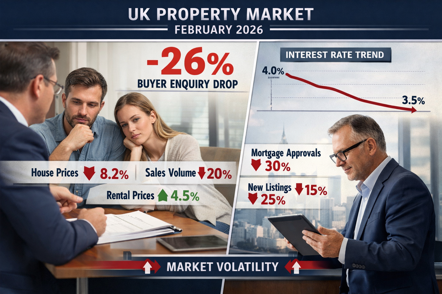 () detailed infographic showing February 2026 UK property market data with prominent -26% buyer enquiry drop statistic in
