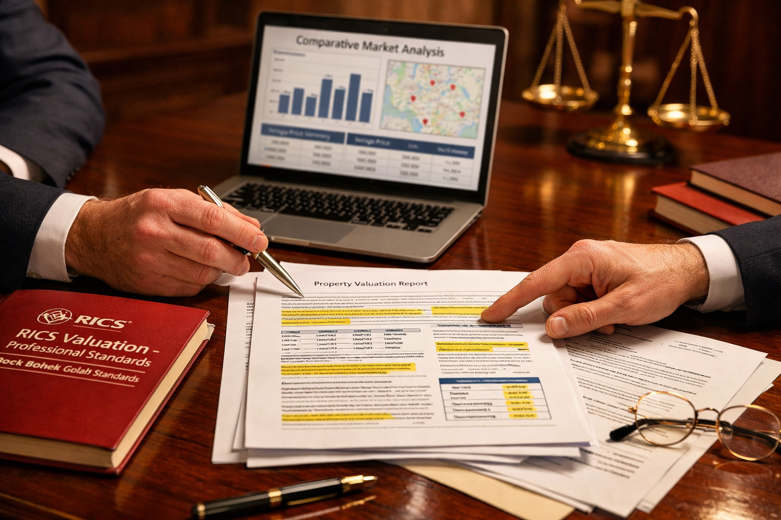 () professional scene of RICS chartered surveyor acting as expert witness in formal dispute resolution setting, close-up of