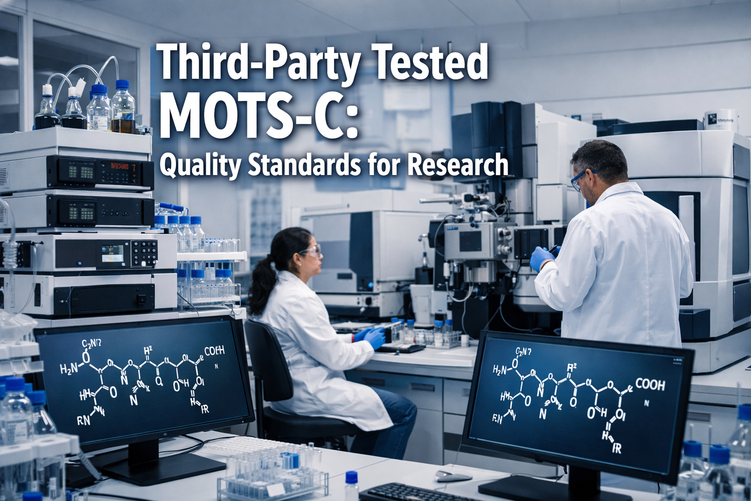 Professional landscape format (1536x1024) laboratory setting featuring bold text overlay 'Third-Party Tested MOTS-C: Quality Standards for R