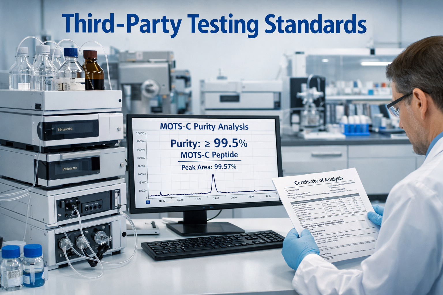 Detailed landscape format (1536x1024) image showing HPLC chromatography equipment in modern laboratory with computer screen displaying purit