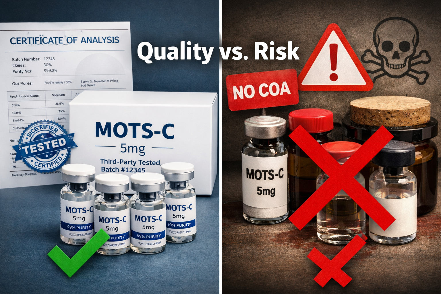 Landscape format (1536x1024) split-screen composition showing comparison between legitimate third-party tested MOTS-C vials with proper labe