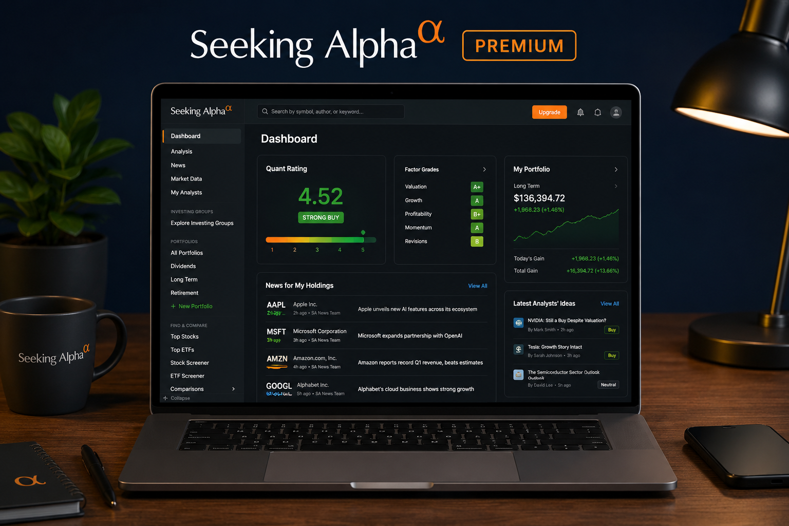 Seeking Alpha Premium dashboard with a Strong Buy Quant Rating, Factor Grades and portfolio news