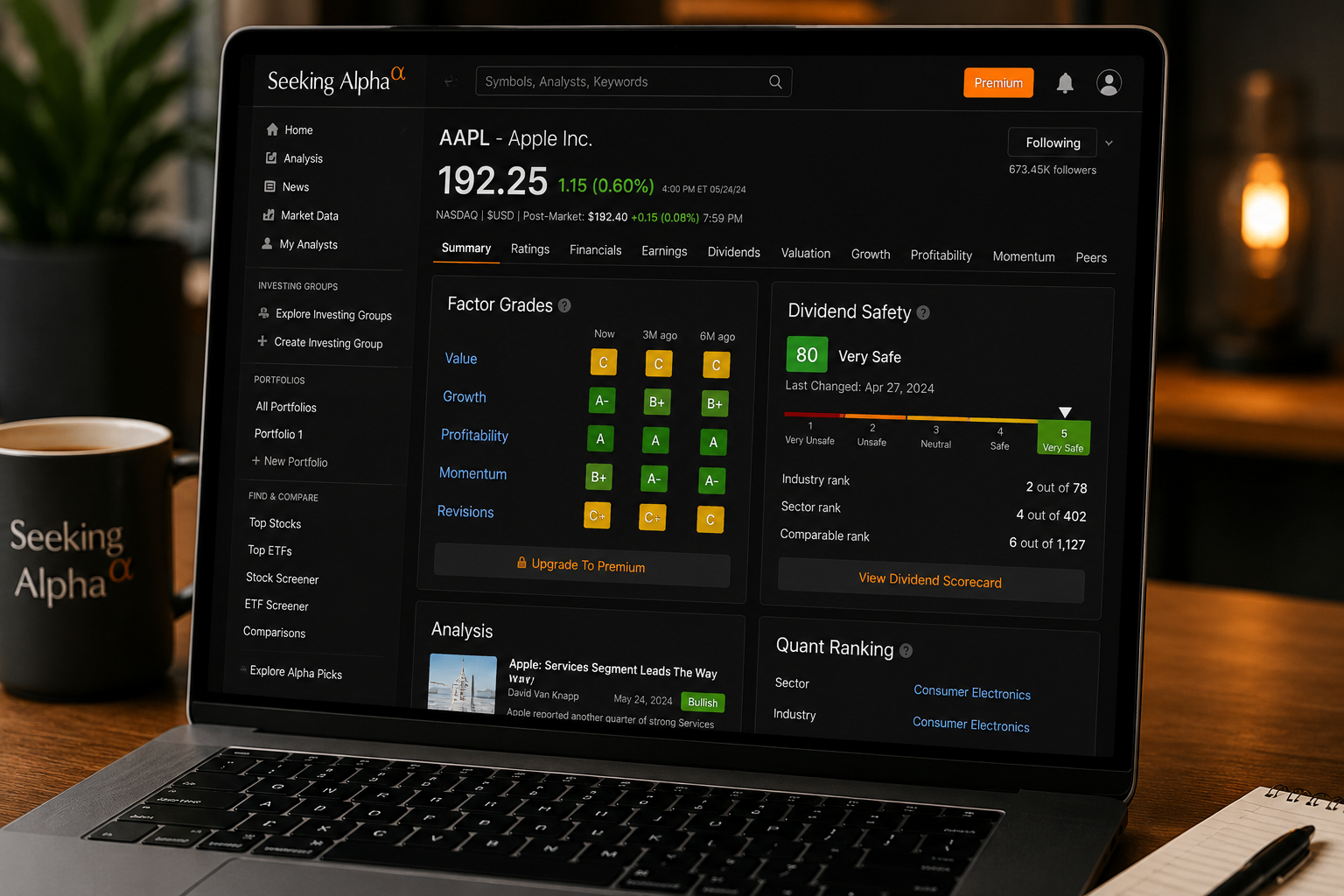 Seeking Alpha stock page for Apple with Factor Grades, Dividend Safety score and Quant Ranking