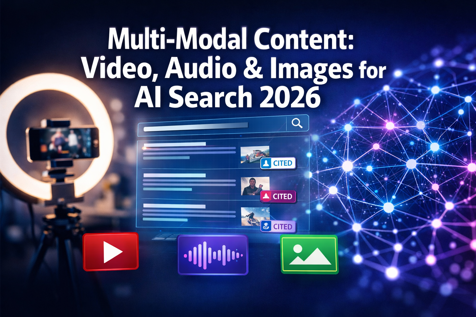 Professional () hero image featuring 'Multi-Modal Content: Video, Audio & Images for AI Search 2026' in extra large white