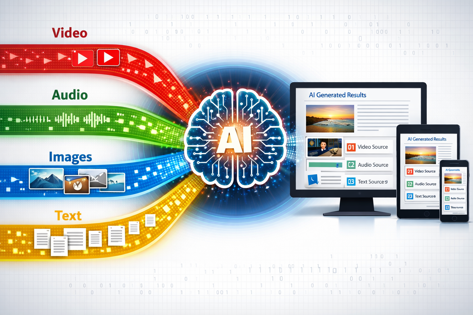 Detailed () illustration showing AI generative engine processing multi-modal content, featuring central AI brain icon with