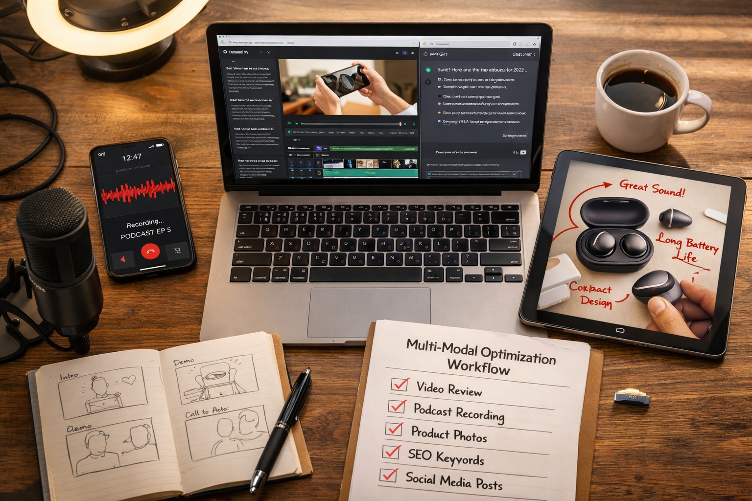 Comprehensive () workspace scene showing affiliate content creator's desk from overhead angle, featuring laptop displaying