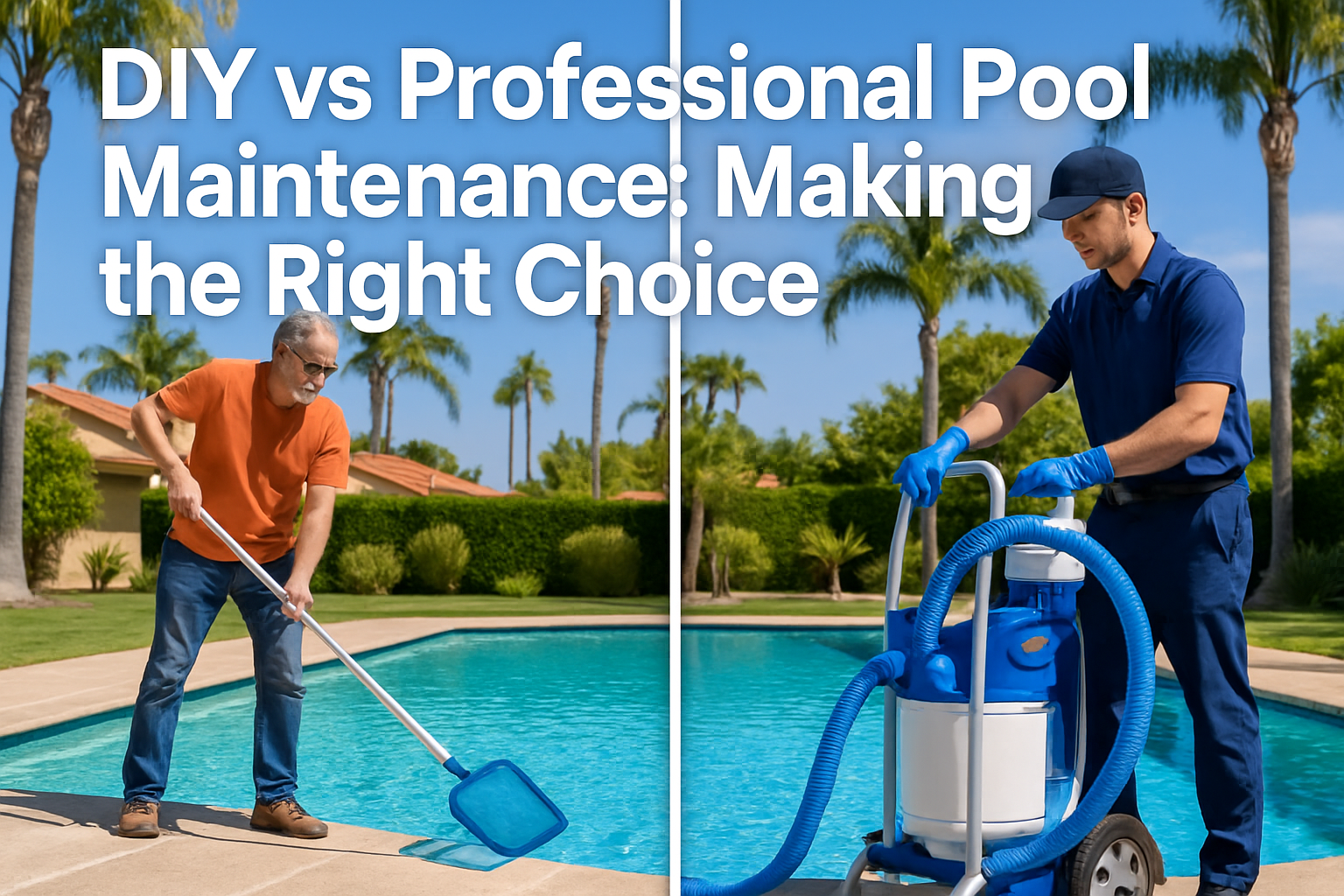 Professional landscape hero image (1536x1024) featuring bold text overlay 'DIY vs Professional Pool Maintenance: Making the Right Choice' in
