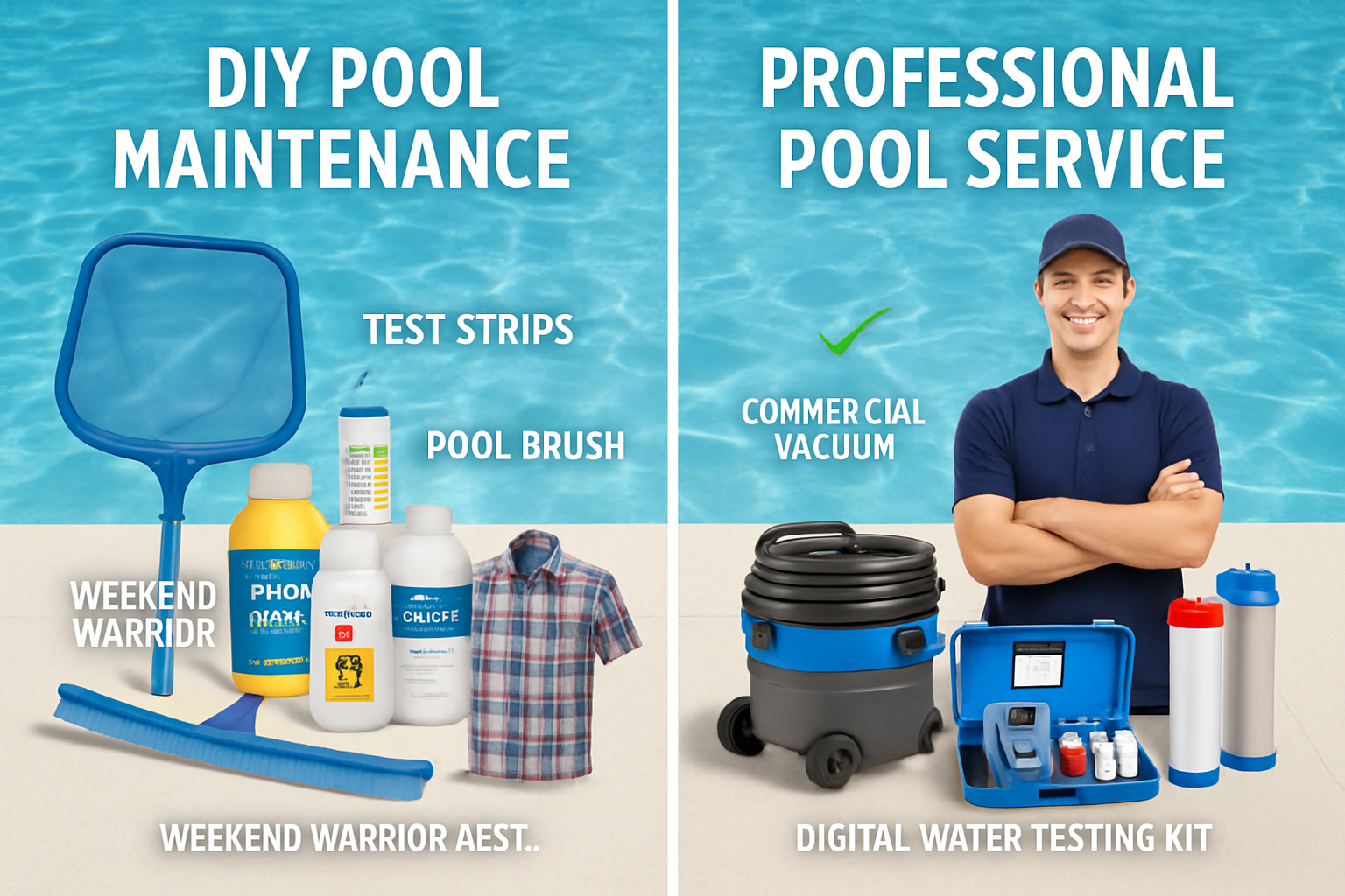 Detailed comparison infographic showing DIY pool maintenance setup versus professional service equipment. Left side displays basic homeowner