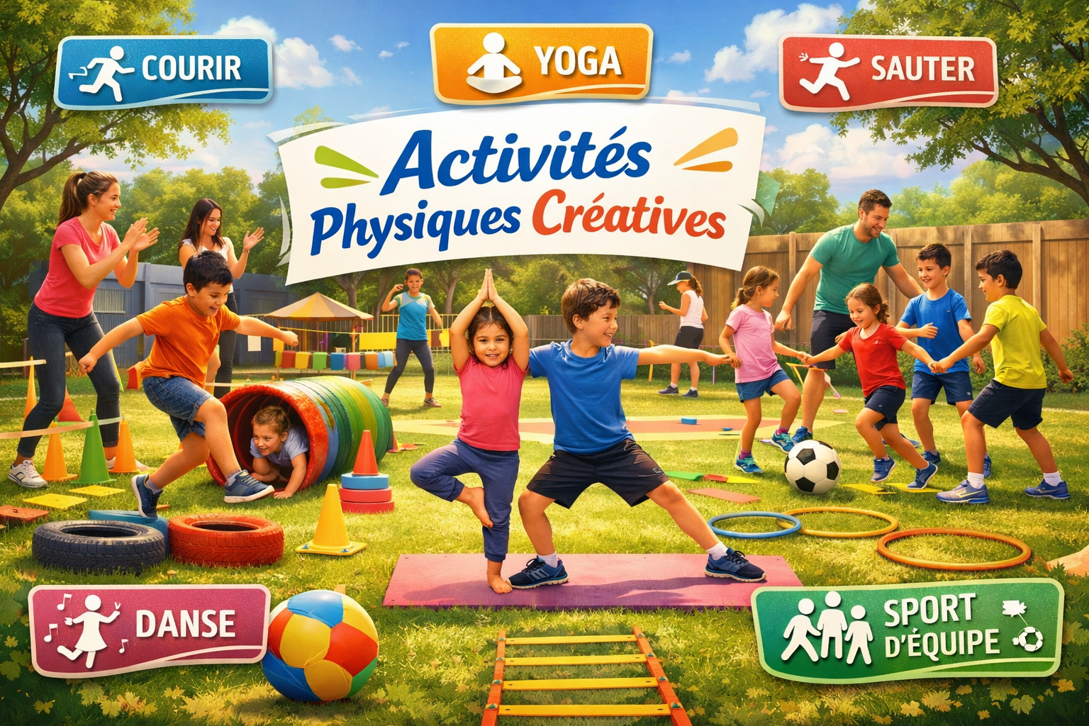 Landscape image (1536x1024) depicting children and families engaged in creative physical challenges and games. Scene shows kids doing obstac