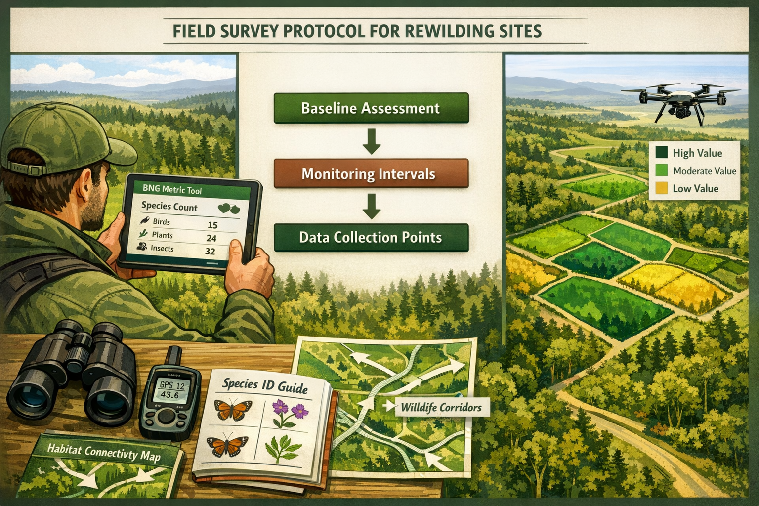 () detailed illustration showing standardized field survey protocol workflow for rewilding sites. Split-screen composition: