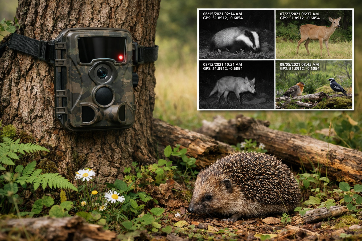 Close-up () image of modern wildlife monitoring technology deployment in rewilded habitat. Main focus: motion-activated