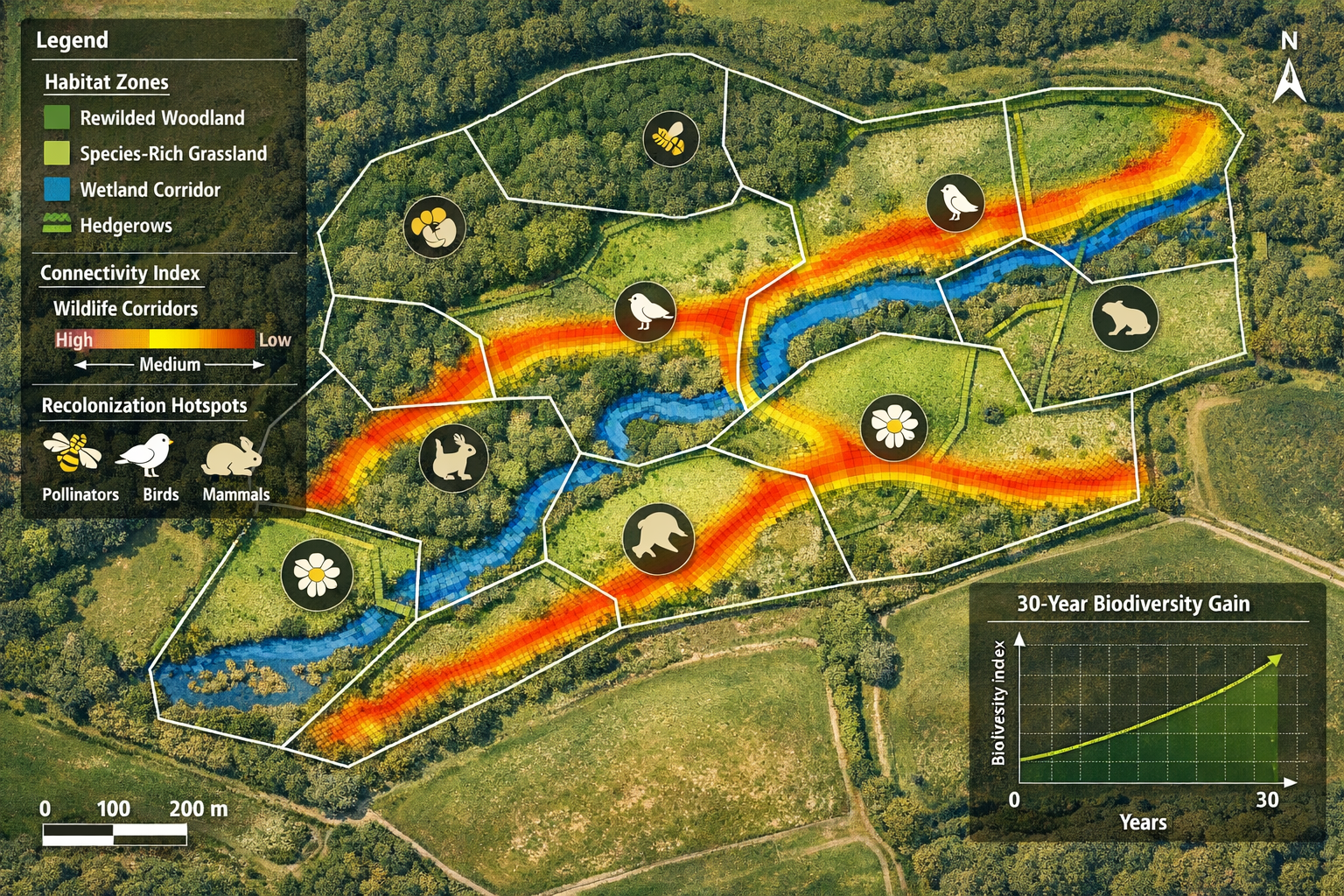 () comprehensive aerial drone mapping visualization of rewilding site showing habitat connectivity analysis. Bird's eye view