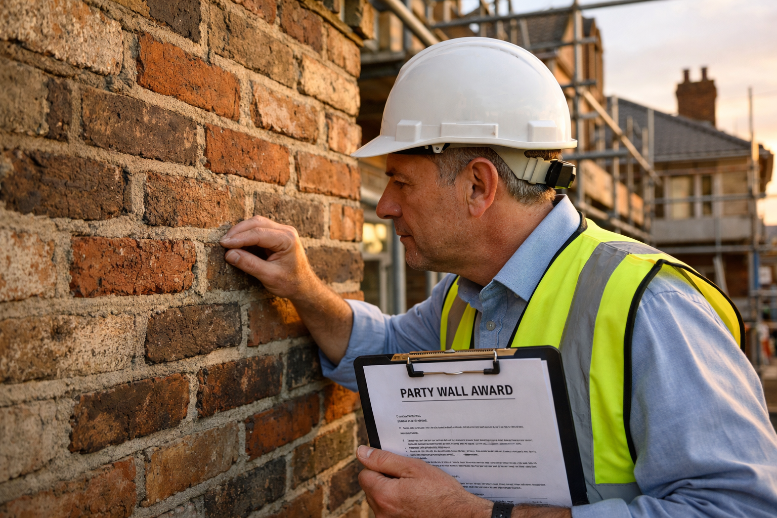 Wide-angle editorial photograph of a professional party wall surveyor in hard hat and hi-vis vest carefully inspecting a