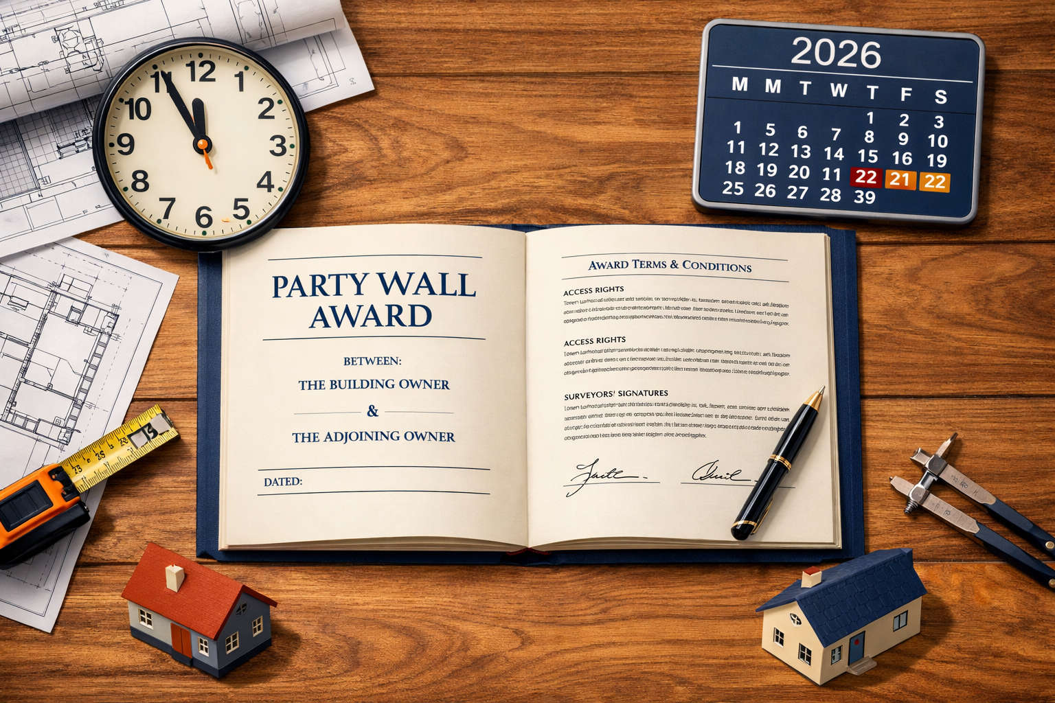 Overhead flat-lay infographic-style image showing a formal Party Wall Award legal document spread open on a wooden desk,