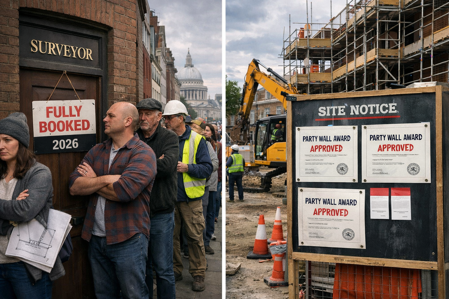 Split-scene editorial image: left side shows a long queue of frustrated homeowners and builders waiting outside a surveyor's