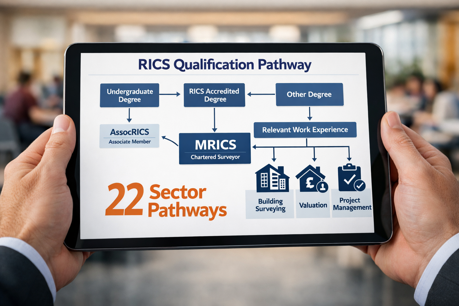 () editorial image showing close-up of RICS qualification pathway flowchart displayed on modern digital tablet screen held