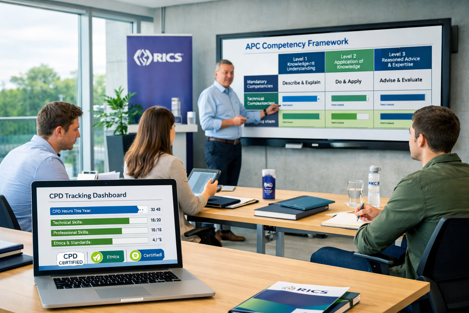 () professional photograph of modern office training room with young graduate surveyors attending structured learning