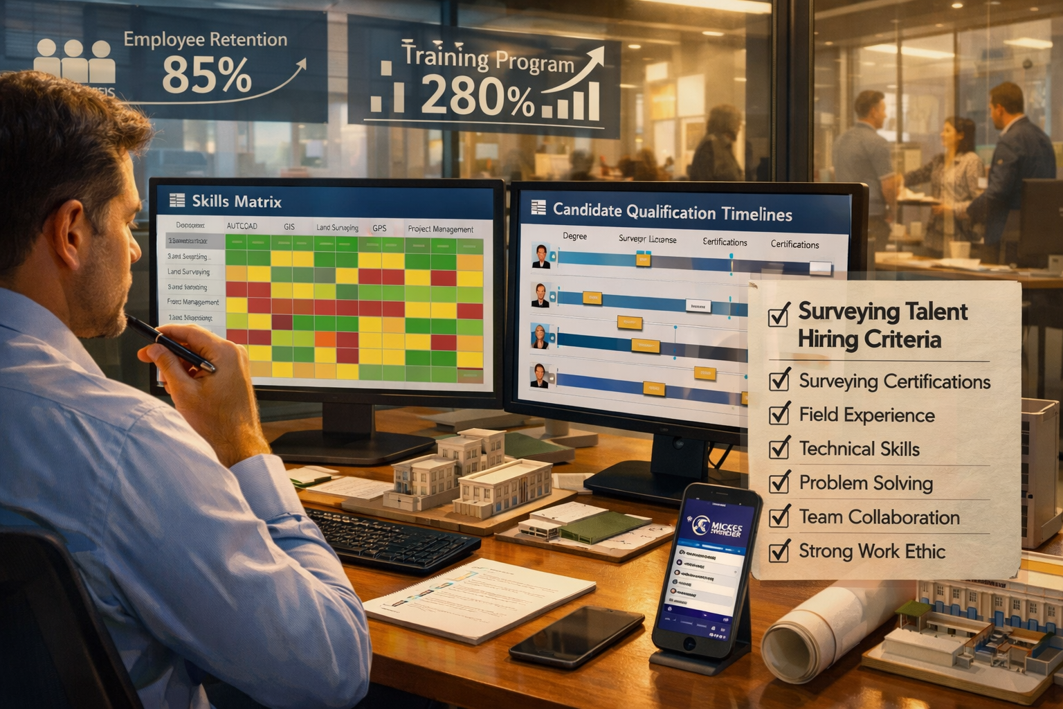 () dynamic image showing recruitment manager reviewing candidate profiles on dual monitors displaying skills matrix and