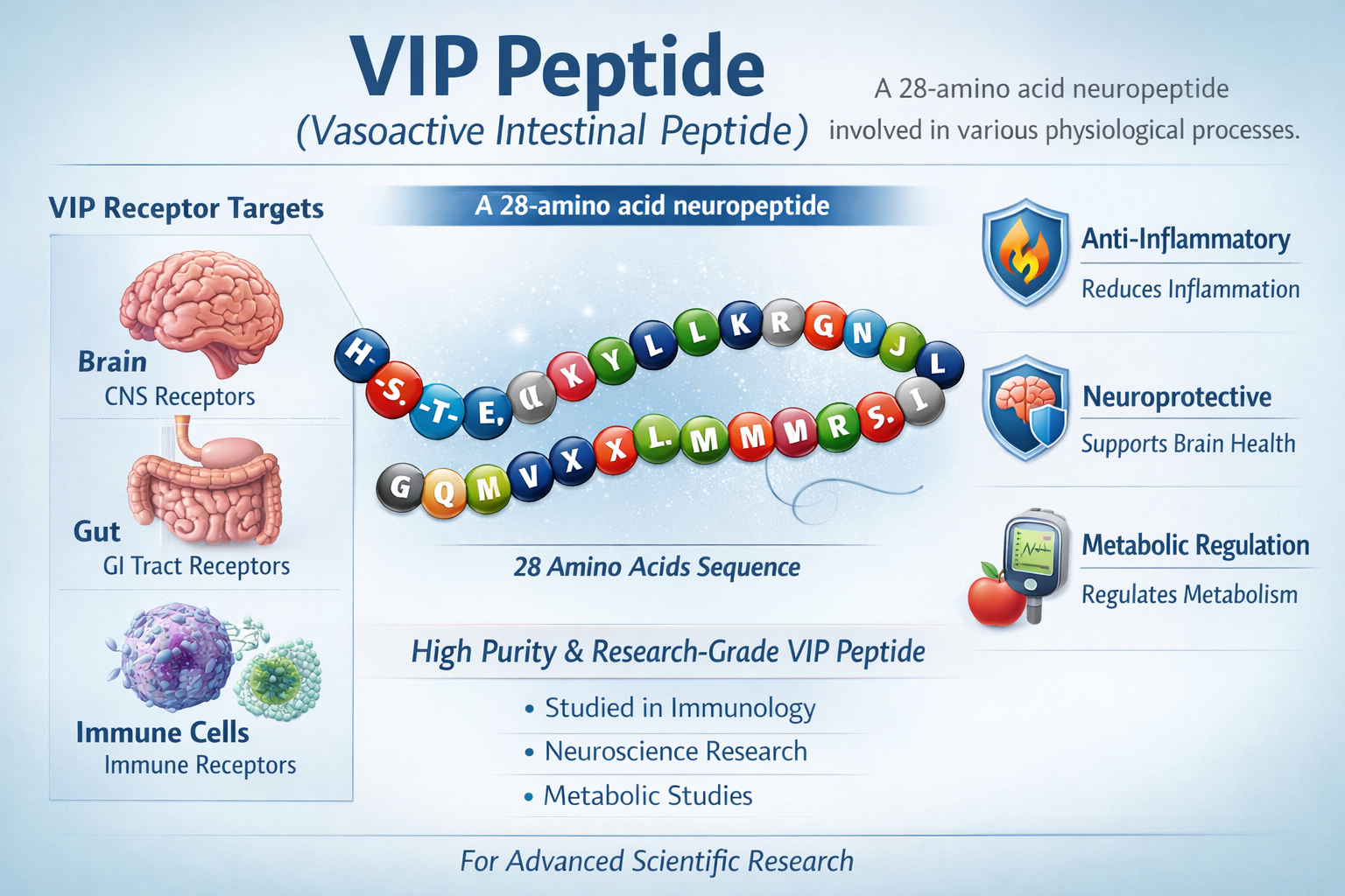 A detailed infographic illustrating the molecular structure of VIP peptide, highlighting key amino acid sequences, alongside a stylized repr