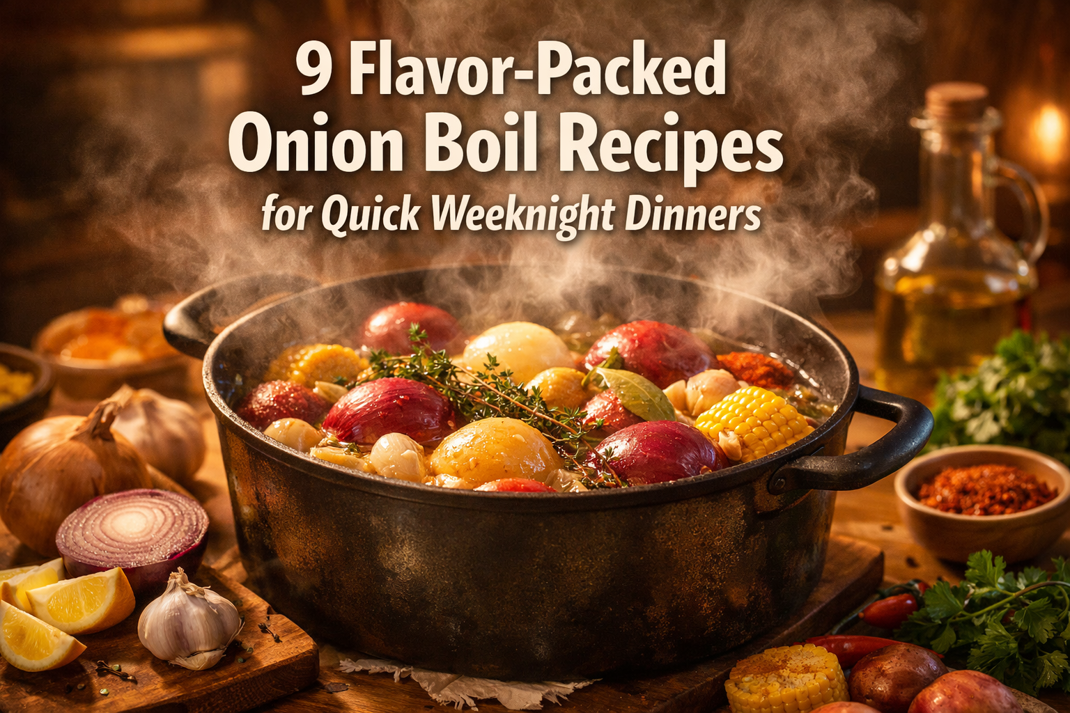 Professional landscape hero image (1536x1024) featuring bold text overlay '9 Flavor-Packed Onion Boil Recipes for Quick Weeknight Dinners' i