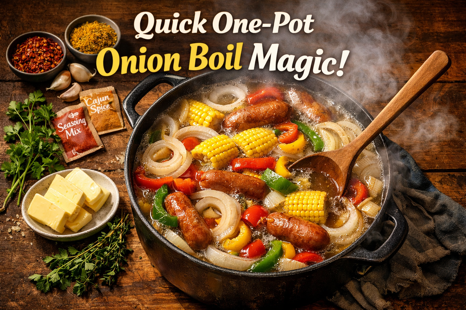 Overhead view of large pot with bubbling onion boil featuring layers of sweet onions, colorful bell peppers, corn on the cob, and sausages. 