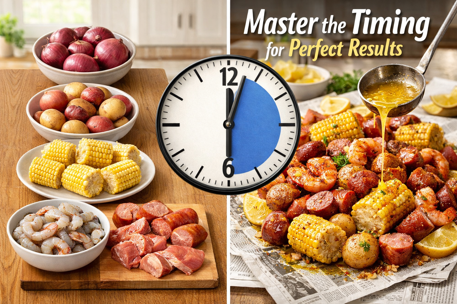 Split composition showing before and after of onion boil preparation. Left side displays raw ingredients neatly arranged by cooking time - o