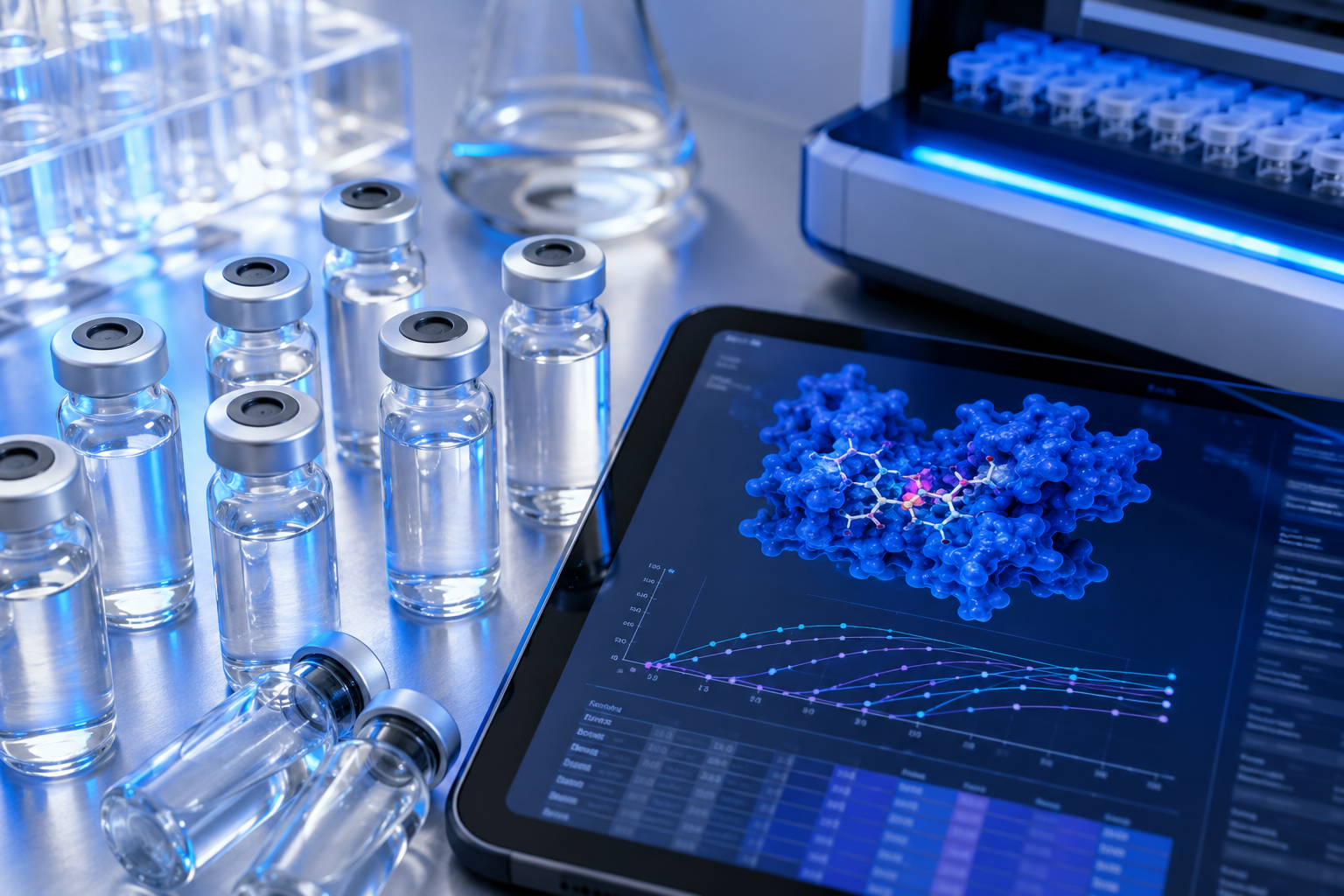 Close-up overhead view of a laboratory bench with multiple glass vials containing clear peptide solutions arranged beside a