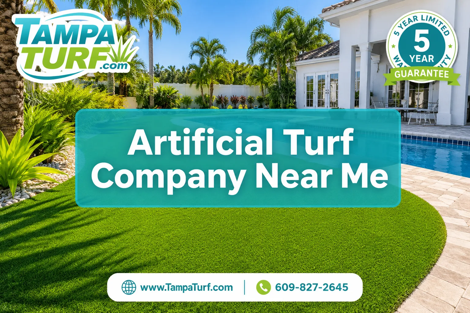 Professional () editorial hero image with SHORT : 'Artificial Turf Company Near Me' in large modern white on a