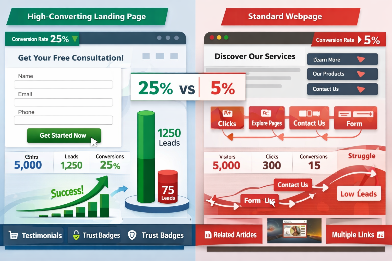 Split-screen comparison of high-converting landing page versus standard webpage, side-by-side layout showing form-based versus click-based c