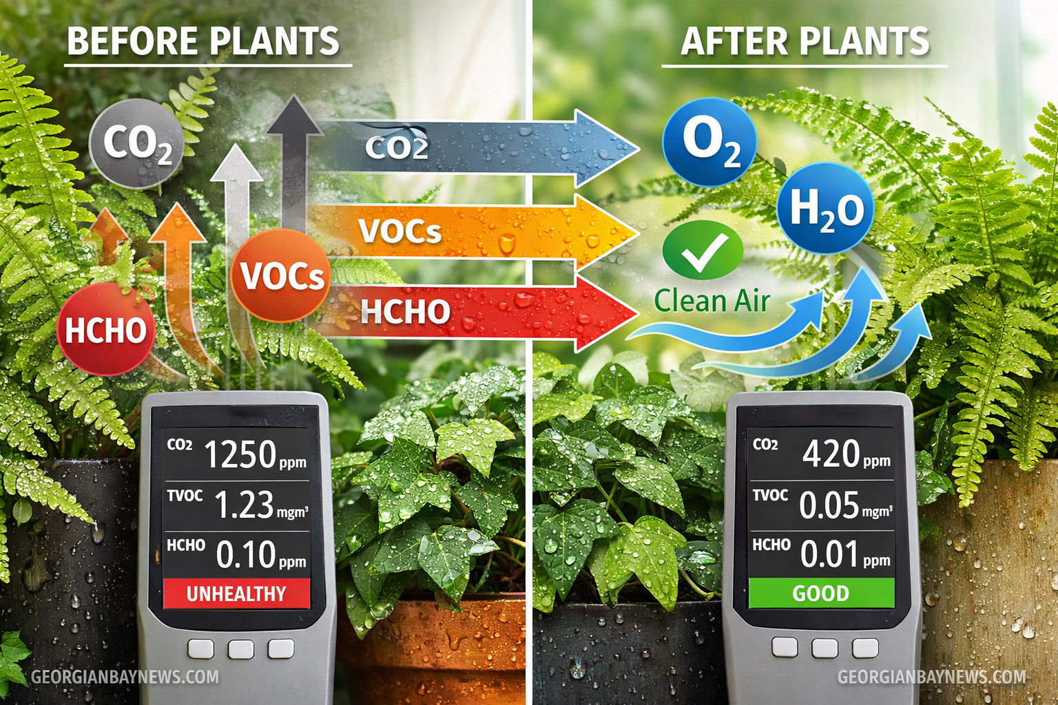 Include the text: GEORGIANBAYNEWS.COM, in each image in a discreet fashion. Landscape format (1536x1024) image showing close-up of healthy g
