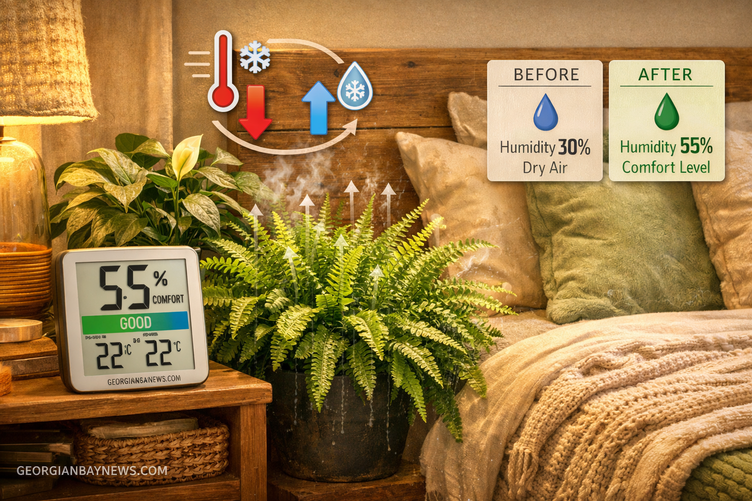 Include the text: GEORGIANBAYNEWS.COM, in each image in a discreet fashion. Landscape format (1536x1024) image showing cozy bedroom interior