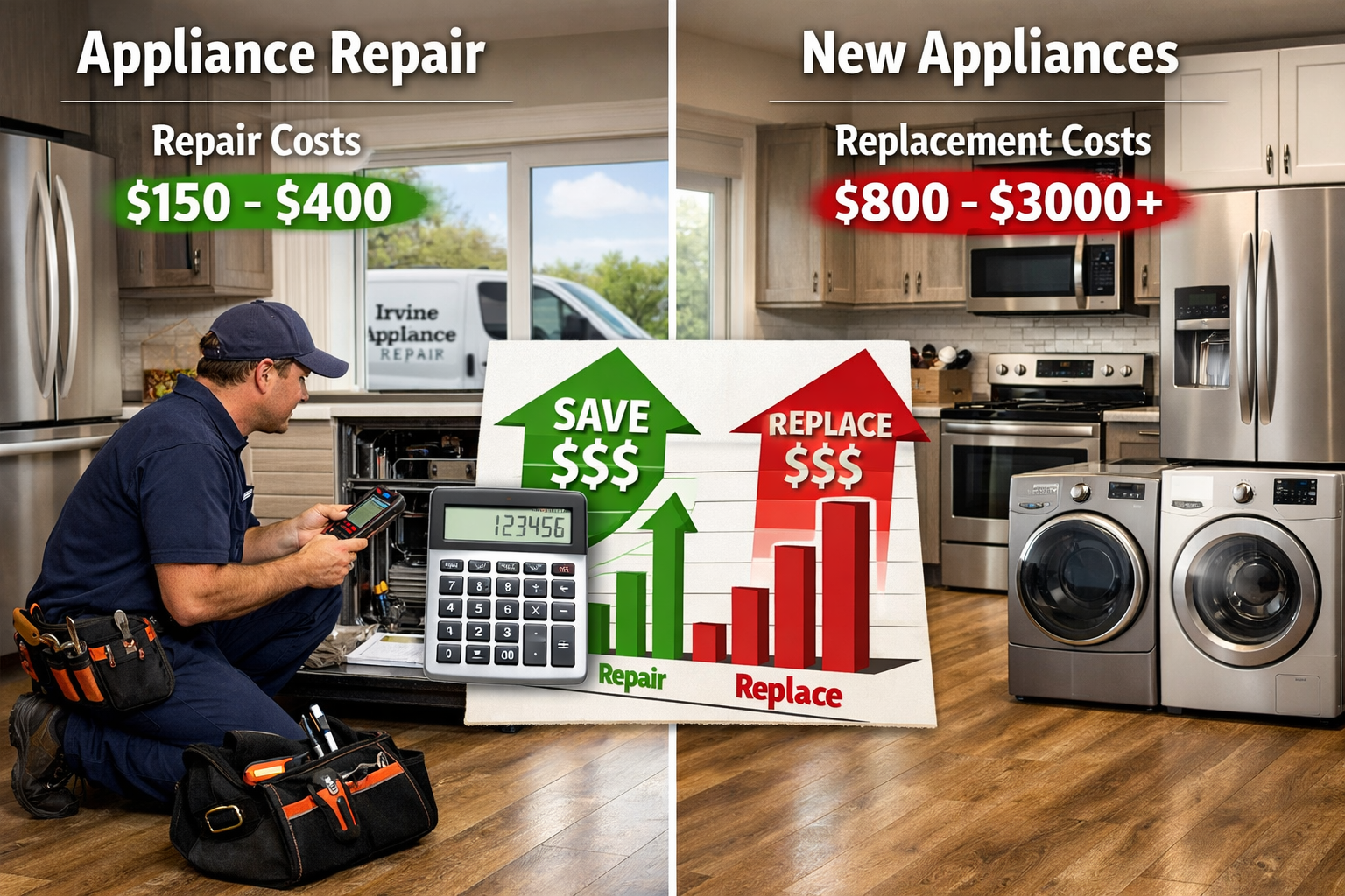 Split-screen comparison image showing cost analysis between appliance repair in Irvine vs replacement. Left side displays repair cost