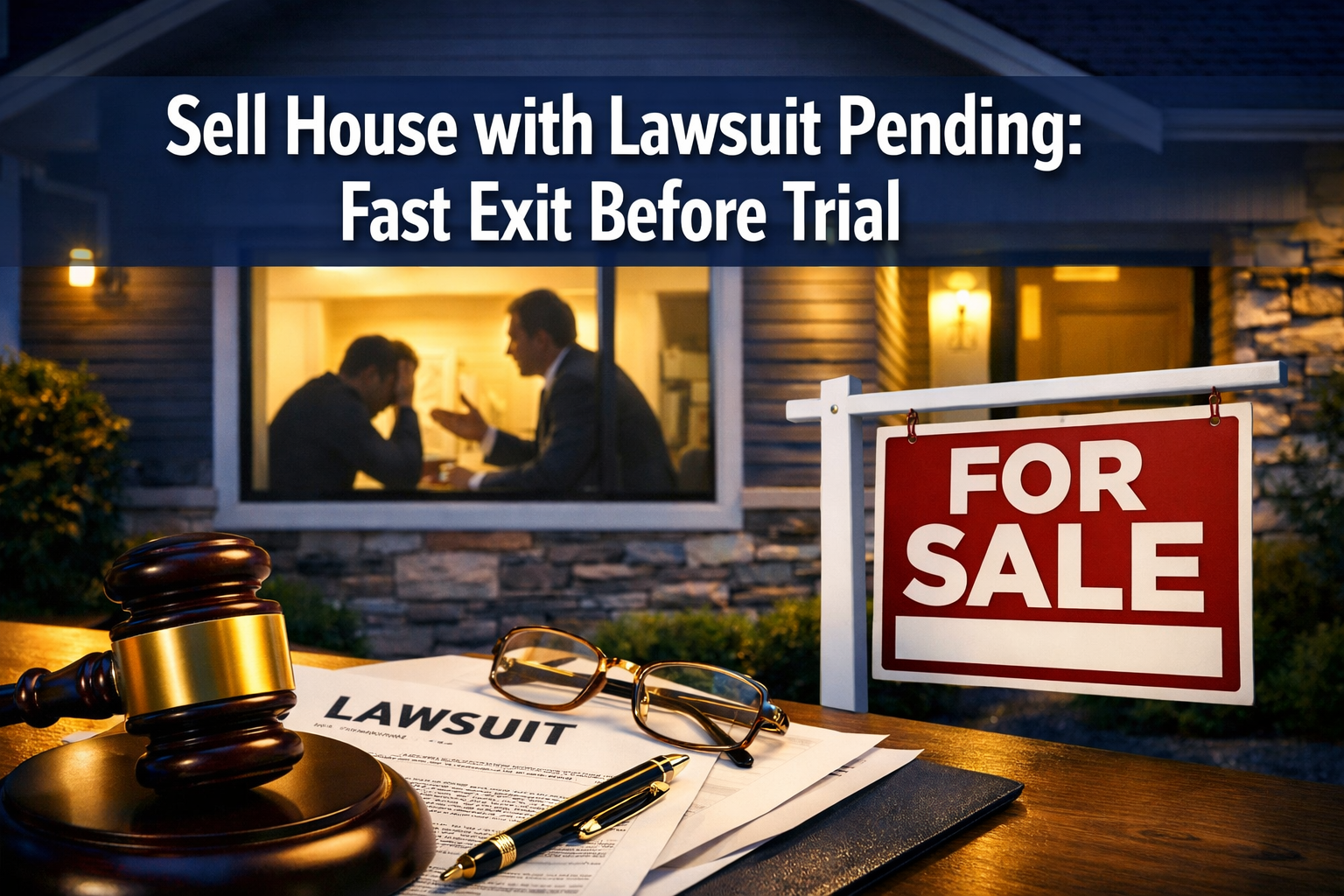 Professional landscape format (1536x1024) hero image featuring bold text overlay 'Sell House with Lawsuit Pending: Fast Exit Before Trial' i