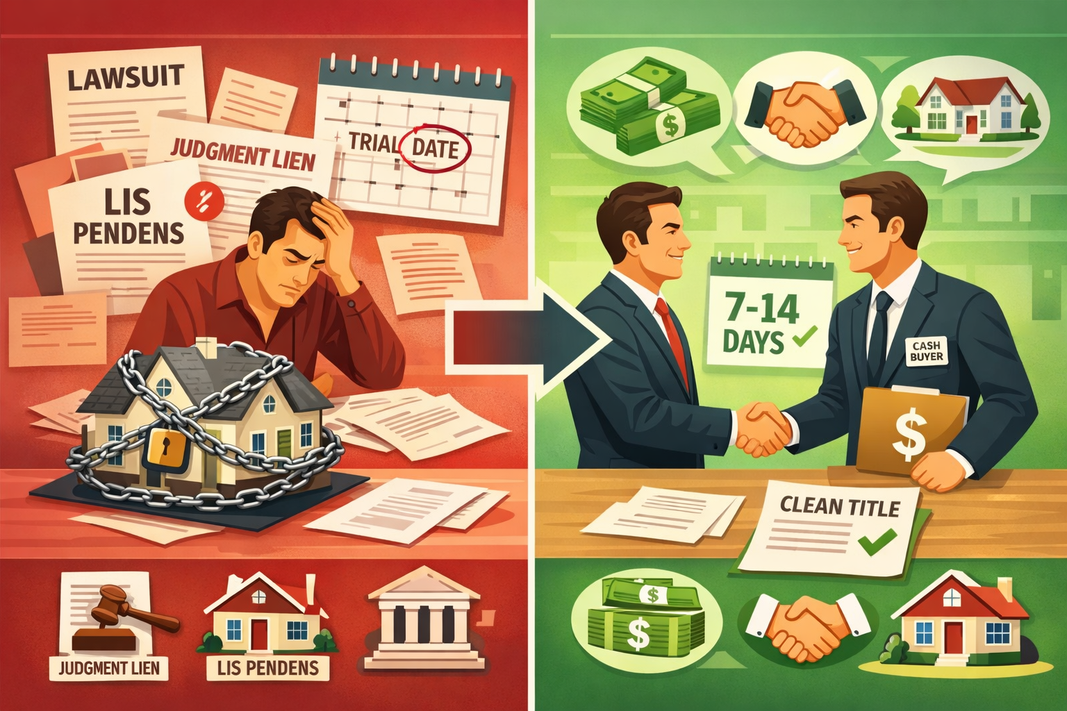 Landscape format (1536x1024) detailed illustration showing split-screen comparison: left side depicts stressed homeowner surrounded by legal