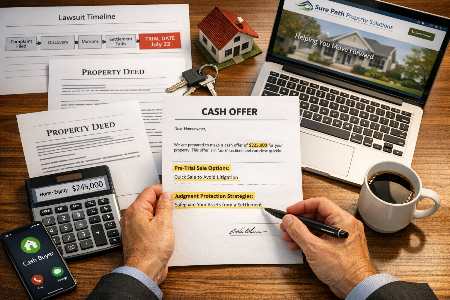 Landscape format (1536x1024) professional photograph-style image showing modern home office desk from above (bird's eye view) with organized