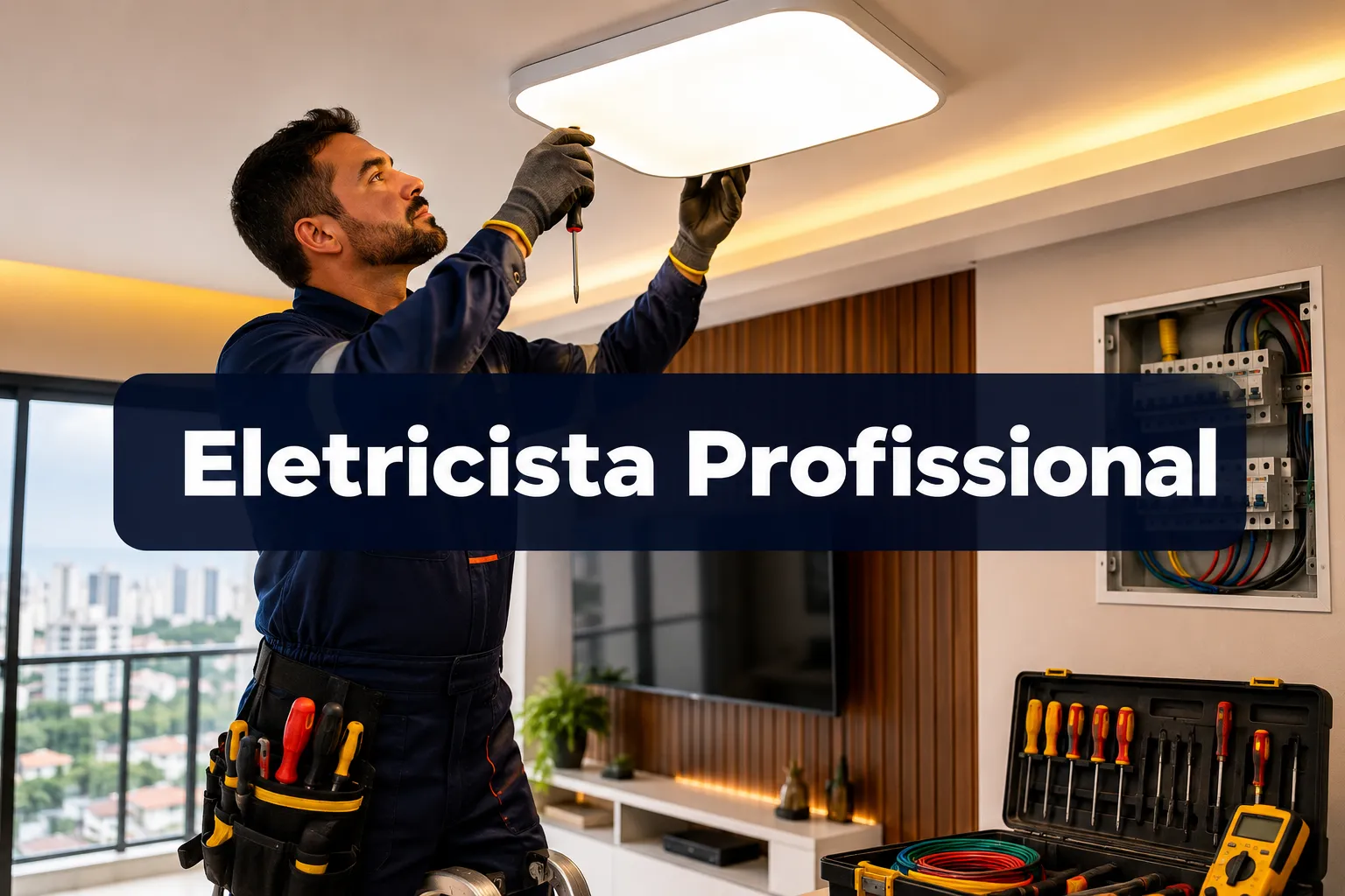 Professional () hero image with (≤42 chars): 'Eletricista Profissional' in crisp white on a deep navy semi-transparent