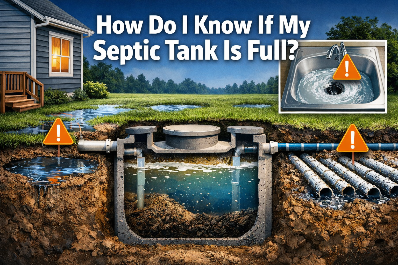 Professional landscape format (1536x1024) hero image with bold text overlay 'How Do I Know If My Septic Tank Is Full?' in extra large 72pt w