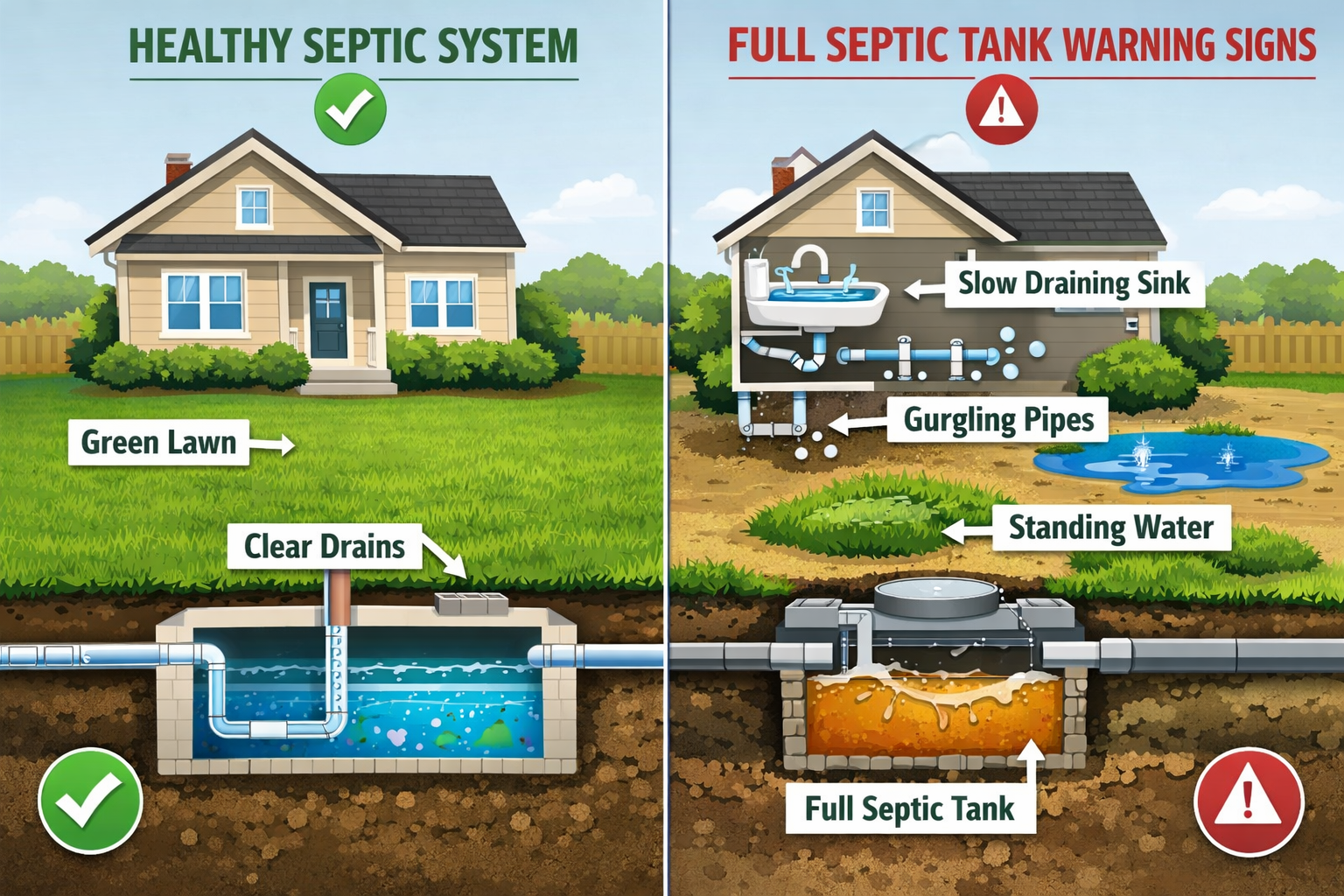 Detailed landscape format (1536x1024) image showing split-screen comparison of normal vs full septic tank warning signs. Left side shows hea