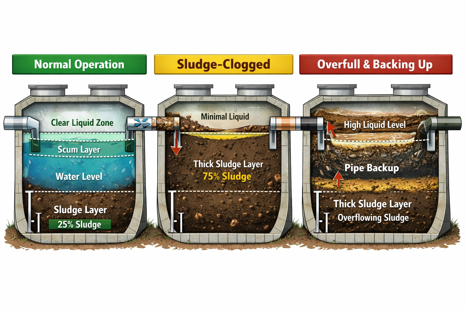 Landscape format (1536x1024) cutaway diagram of septic tank showing three operational states: normal level with clear liquid zone, sludge-cl