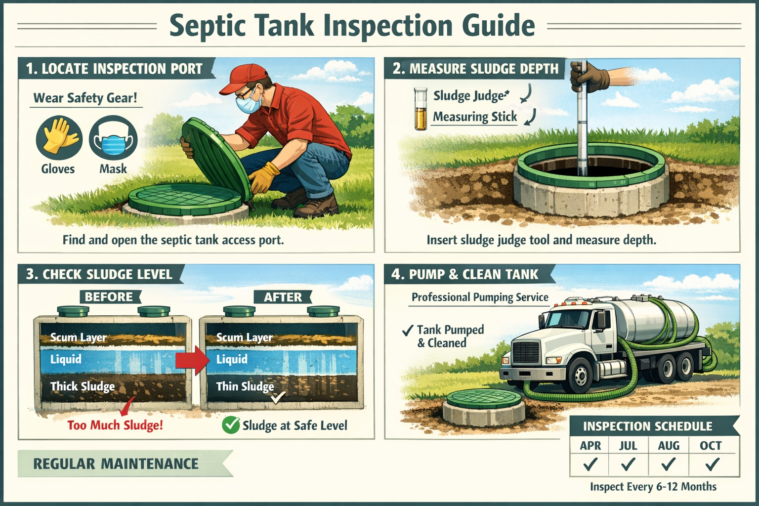 Landscape format (1536x1024) step-by-step visual guide showing septic tank inspection process. Images include homeowner locating inspection 