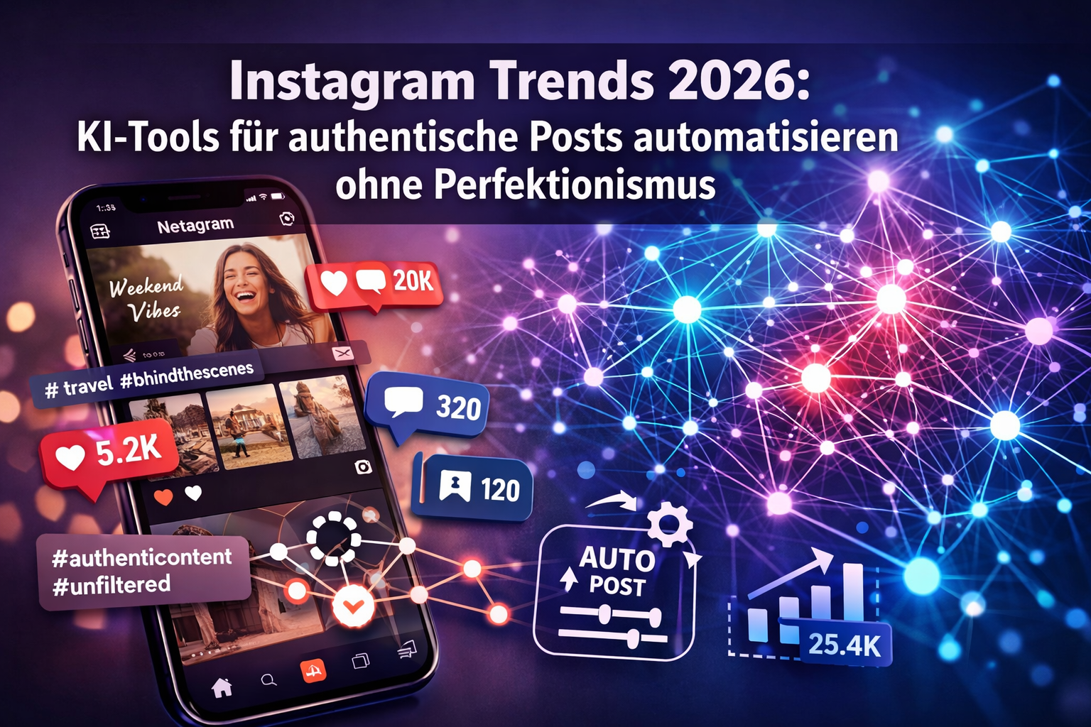 Professional landscape format (1536x1024) hero image featuring bold text overlay 'Instagram Trends 2026: KI-Tools für authentische Posts aut - Instagram Trends 2026: KI-Tools für authentische Posts automatisieren ohne Perfektionismus 1 Professional landscape format (1536x1024) hero image featuring bold text overlay 'Instagram Trends 2026: KI-Tools für authentische Posts aut