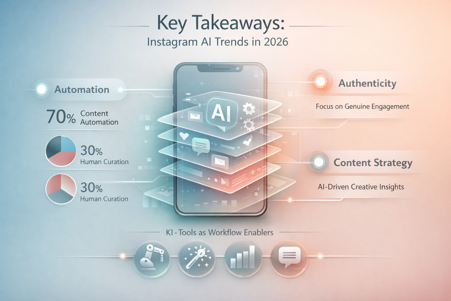 Futuristic editorial infographic visualizing 'Key Takeaways' for Instagram AI trends in 2026, featuring a minimalist mind map with interconn - Instagram Trends 2026: KI-Tools für authentische Posts automatisieren ohne Perfektionismus 2 Futuristic editorial infographic visualizing 'Key Takeaways' for Instagram AI trends in 2026, featuring a minimalist mind map with interconn